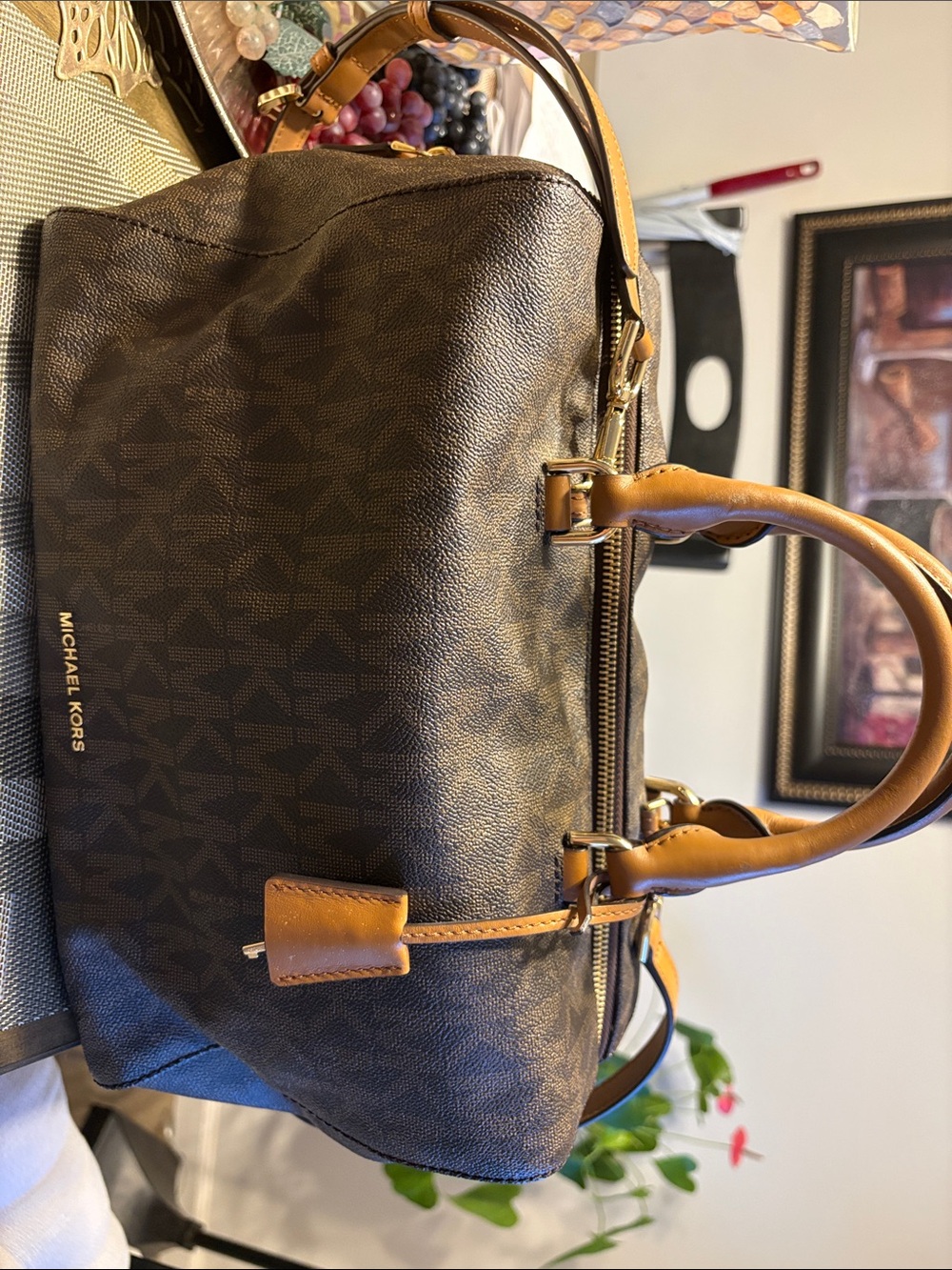 Michael Kors Brown and Tan Logo Satchel with Gold Hardware